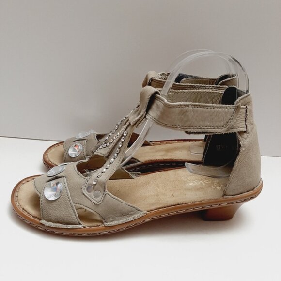 RIEKER \ Studded Gem Low Heel Open Toe Sandal Ankle Strap Taupe Gray Eur 37 US 6 - Picture 7 of 15